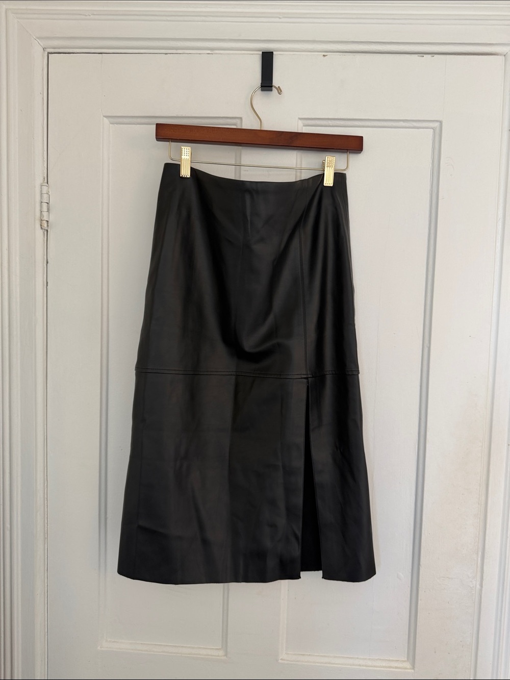 Simons Black Faux Leather A-Line Midi Skirt